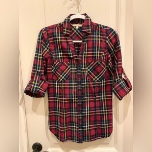 Skies Are Blue Plaid Button-up convertible sleeves great fall colors & Like new!